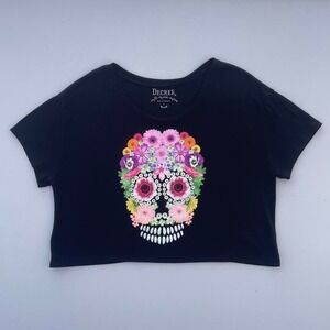 Decree Floral Sugar Skull Crop Top Black Graphic Tee Size L